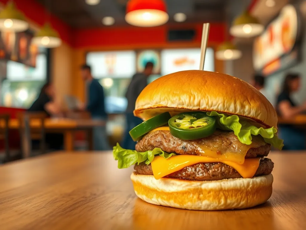 Soczysty Jalapeno Burger McDonald’s z serem, sałatą i papryczką jalapeno na stole w restauracji fast food.