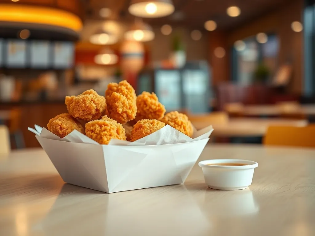 Chrupiące, złociste bites KFC w pudełku z sosem, prezentujące porcję i wygląd produktu omawianego w artykule.