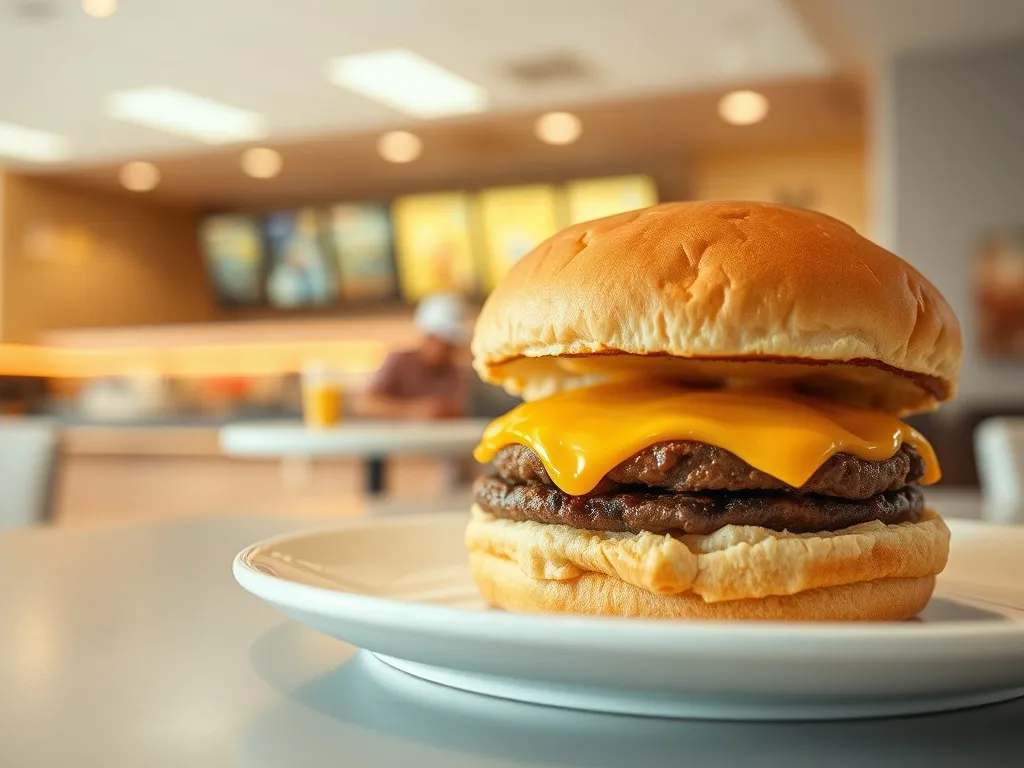 Apetyczny cheeseburger na białym talerzu w restauracji fast food, ilustrujący porcję i kaloryczność dania.