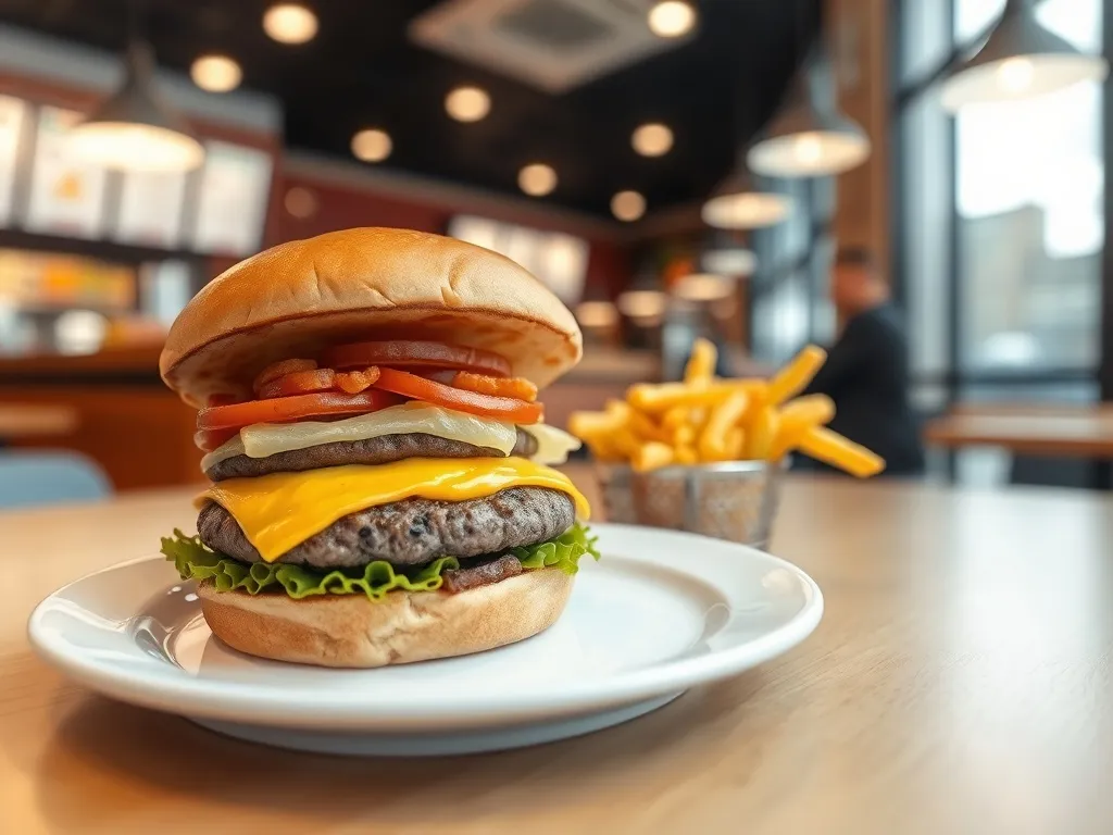 Klasyczny hamburger z frytkami z fast foodu na talerzu, apetyczny wygląd, ilustracja porcji i kaloryczności dania.