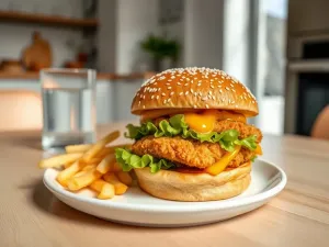 Qurrito na białym talerzu z frytkami i wodą w jasnej restauracji, podkreślający apetyczny wygląd dania z KFC
