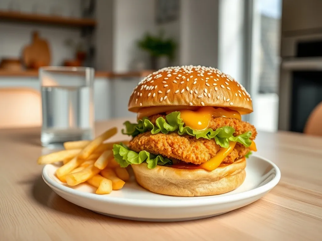 Chikker McDonald na talerzu z frytkami, ukazujący bułkę z kurczakiem, sałatą i sosem w apetycznej kompozycji