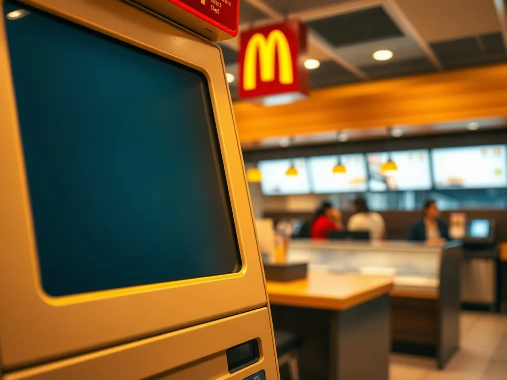 Wyłączony kiosk samoobsługowy McDonald’s w pustej sali, sugerujący przerwę techniczną w składaniu zamówień.