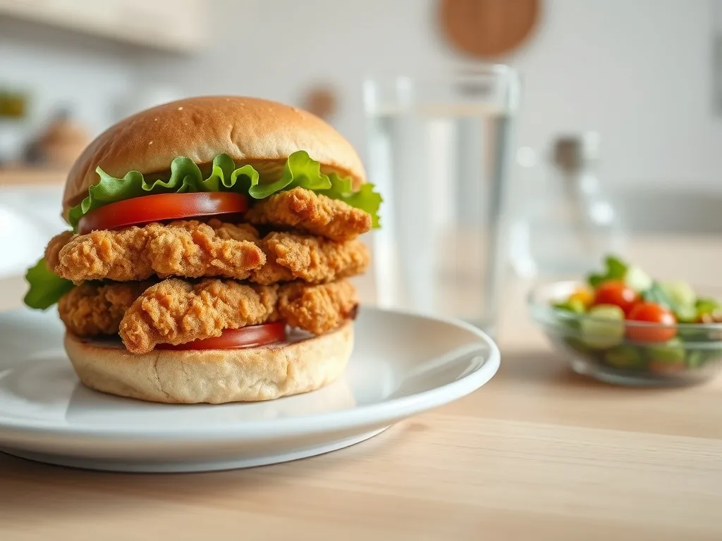 Zinger z KFC na talerzu z widoczną sałatą i pomidorem, w tle woda i sałatka – przykład wysokokalorycznego burgera