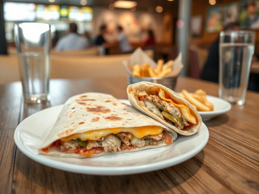 Qurrito na białym talerzu z frytkami i wodą w jasnej restauracji, podkreślający apetyczny wygląd dania z KFC